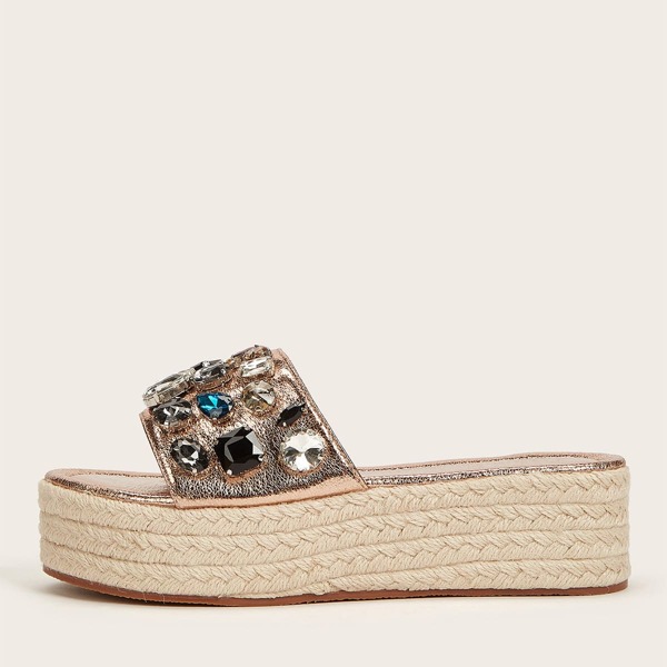 

Gemstone Decor Espadrille Wedge Mules, Gold