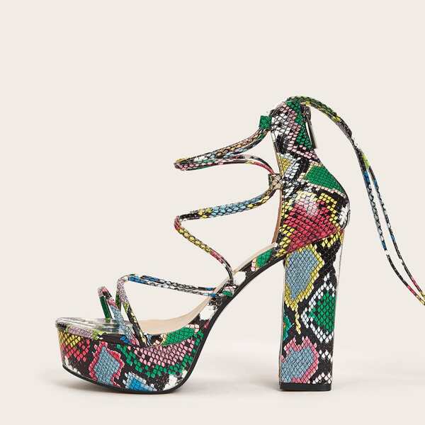 

Lace-up Snakeskin Platform Chunky Heeled Sandals, Multicolor