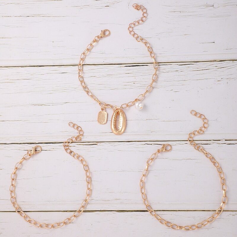 

3pcs Shell & Pearl Decor Chain Bracelet, Gold