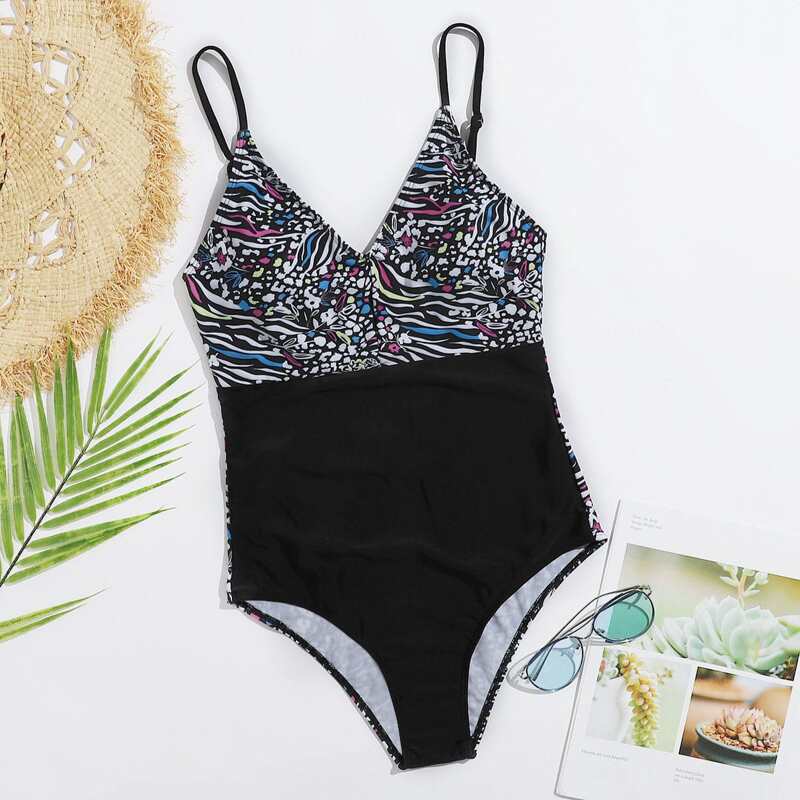 

Floral Colorblock Cami One Piece Swimsuit, Multicolor