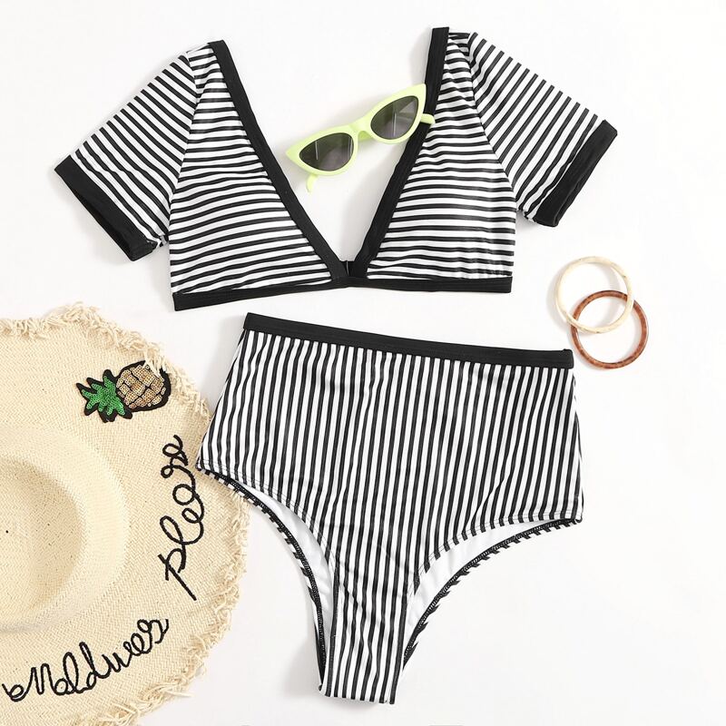 

Stripe Plunging High Waist Bikini Swimsuit, Black and white
