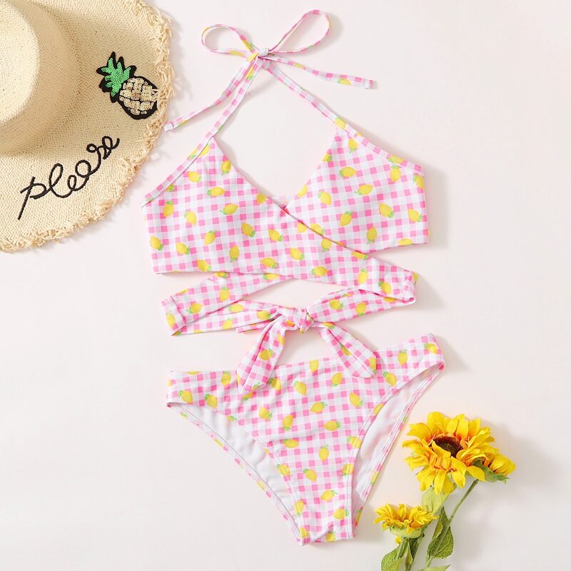 

Fruit & Gingham Pattern Wrap Bikini Swimsuit, Pink