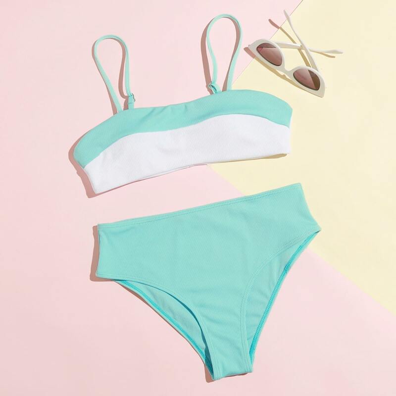 

Colorblock High Waist Bikini Swimsuit, Mint green