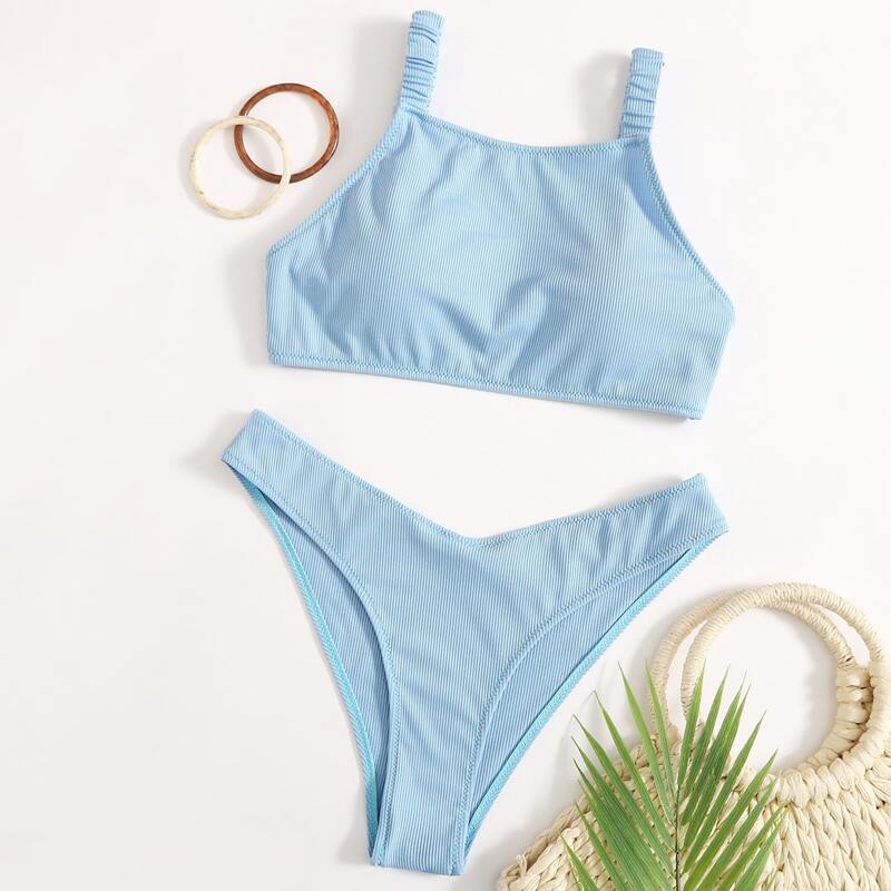 

Ribbed High Leg Bikini Swimsuit, Pastel baby blue
