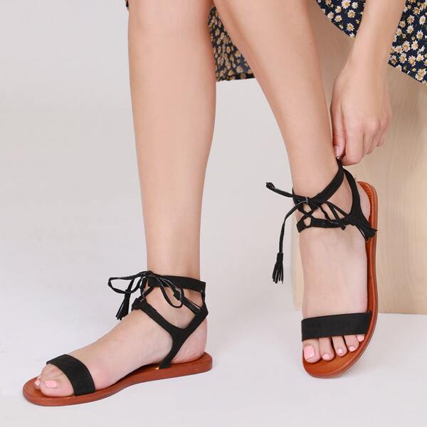 

Faux Suede Lace-Up Tassel Sandals, Black
