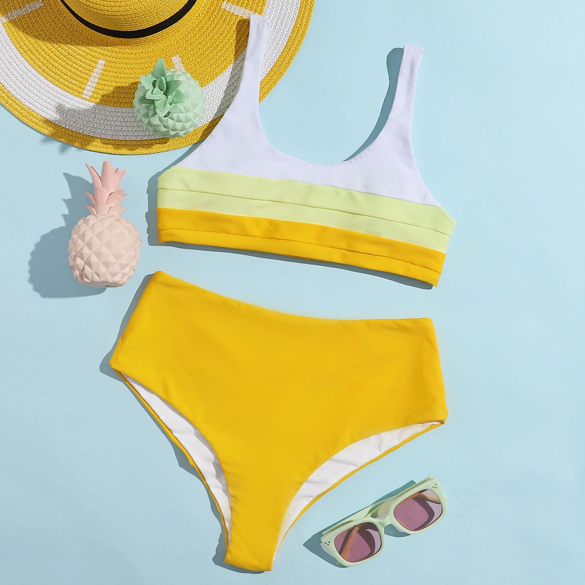 

Colorblock High Waist Bikini Swimsuit, Yellow