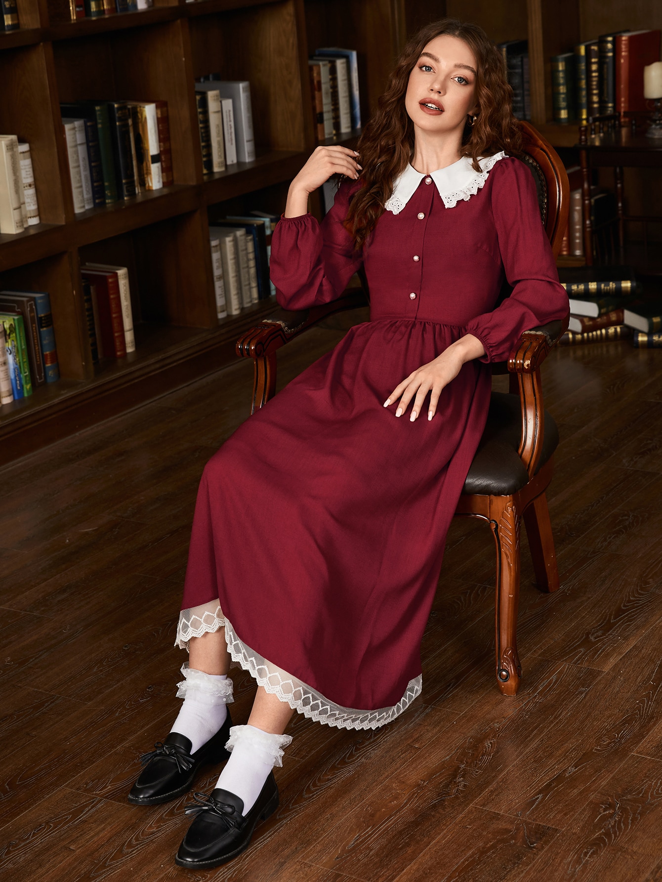 Schiffy Trim Collar Buttoned Front Embroidery Mesh Hem Dress thumbnail