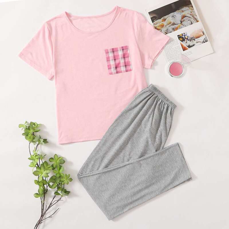 

Plaid Pocket Front Tee PJ Set, Multicolor