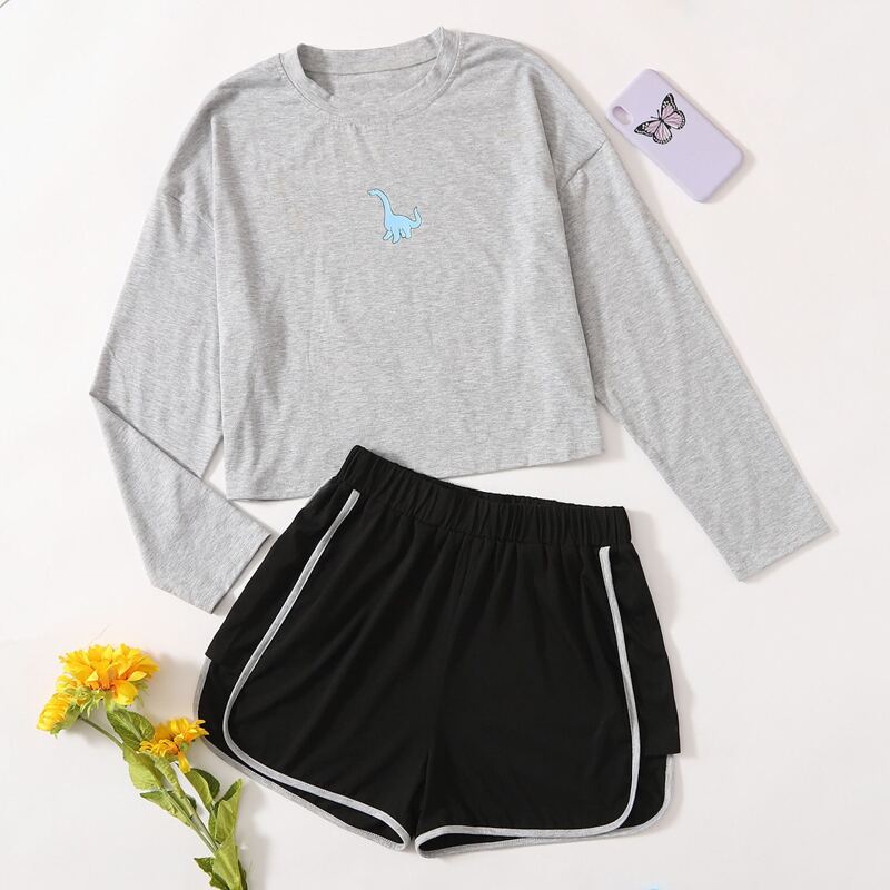 

Cartoon Print Tee & Dolphin Shorts PJ Set, Multicolor