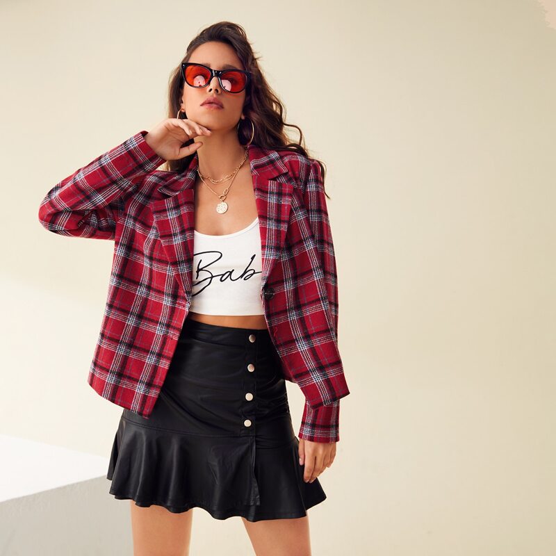 

Notched Collar Buttoned Front Plaid Blazer, Rose red