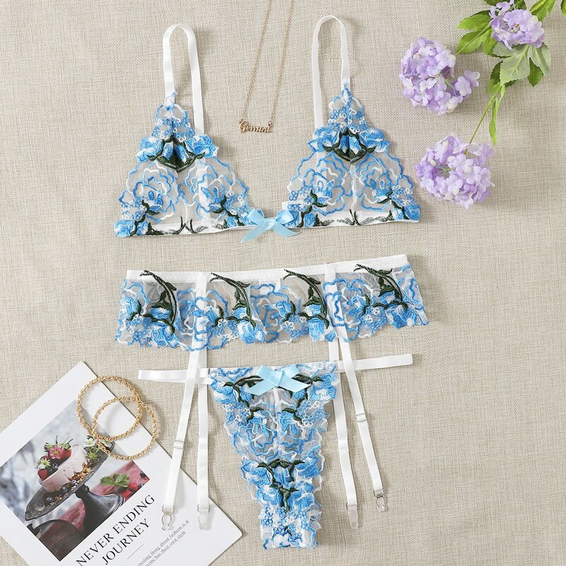 

Floral Embroidery Garter Lingerie Set, Blue
