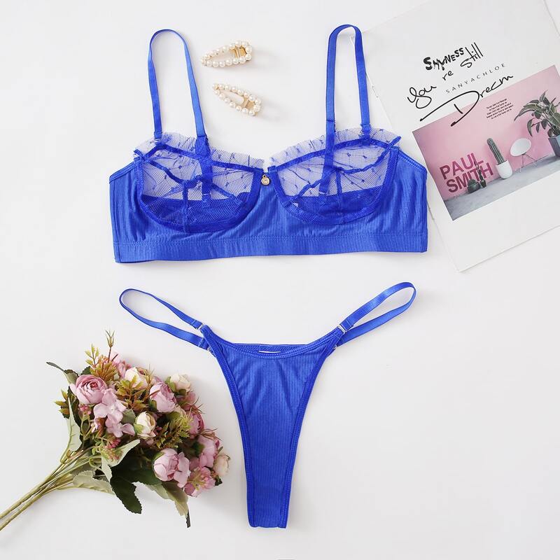 

Clip Dot Lace Thong Lingerie Set, Royal blue
