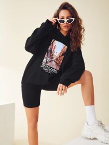 SHEIN Letter and Graphic Print Hoodie & Biker Shorts Set - Black - View 4