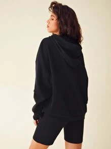 SHEIN Letter and Graphic Print Hoodie & Biker Shorts Set - Black - View 2
