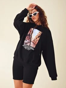 SHEIN Letter and Graphic Print Hoodie & Biker Shorts Set - Black - View 5