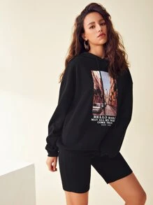 SHEIN Letter and Graphic Print Hoodie & Biker Shorts Set - Black - View 3
