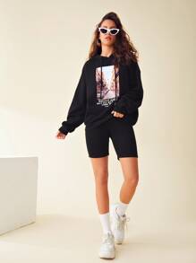 SHEIN Letter and Graphic Print Hoodie & Biker Shorts Set - Black - View 1