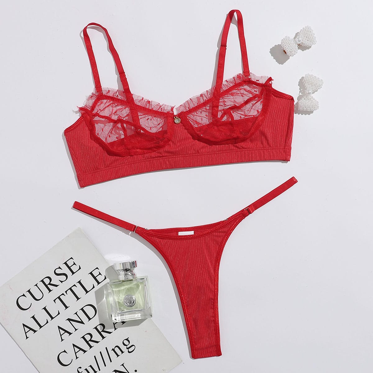 Image of Clip Dot Lace Thong Lingerie Set