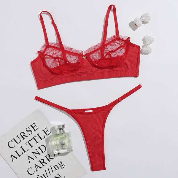 

Clip Dot Lace Thong Lingerie Set, Red
