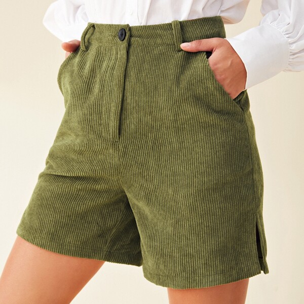 

Split Side Cord Shorts Without Belt, Army green