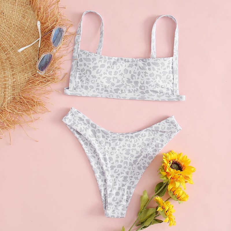 

Leopard High Leg Bikini Swimsuit, Light grey