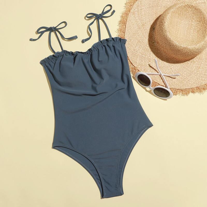 

Tie Strap Frill One Piece Swimsuit, Dusty blue