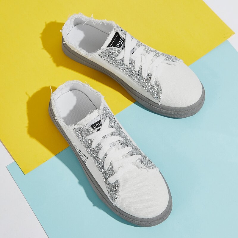 

Sequin Raw Edge Canvas Shoes, White