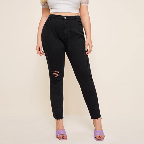 

Plus Ripped Raw Hem Jeans, Black