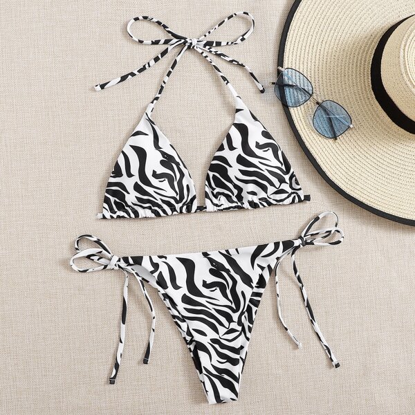 

Zebra Stripe Triangle Tie Side Bikini Swimsuit, Black and white