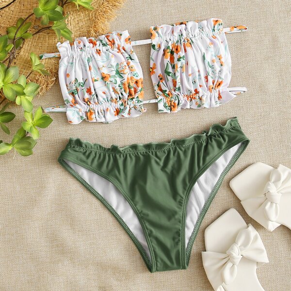 

Floral Ruched Frill Bandeau Bikini Swimsuit, Multicolor