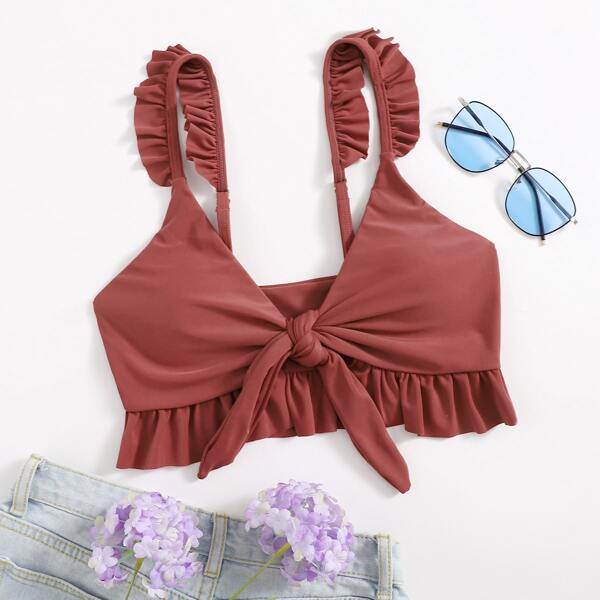 

Knot Front Ruffle Hem Bikini Top, Redwood