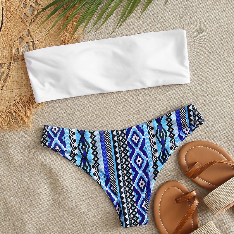 

Tribal Bandeau Bikini Swimsuit, Blue and white