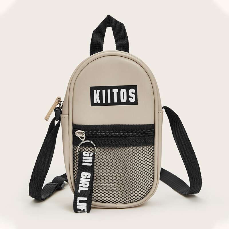 

Letter Mesh Pocket Crossbody Bag, Apricot