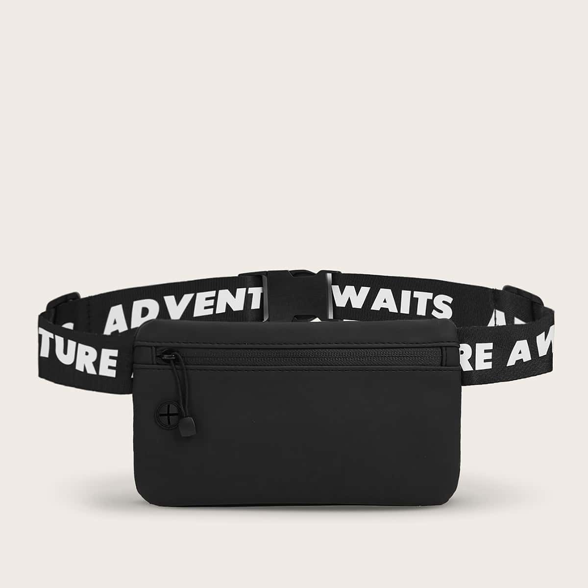 

Letter Strap Zip Fanny Pack, Black