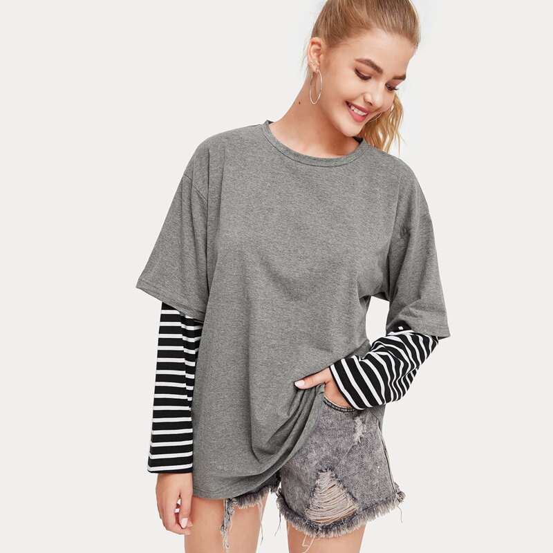 

2 In 1 Striped Sleeve Oversized Tee, Grey