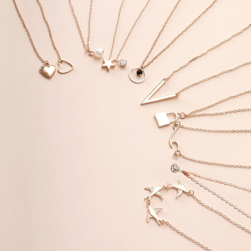 

9pcs Heart & Star Charm Necklace, Gold