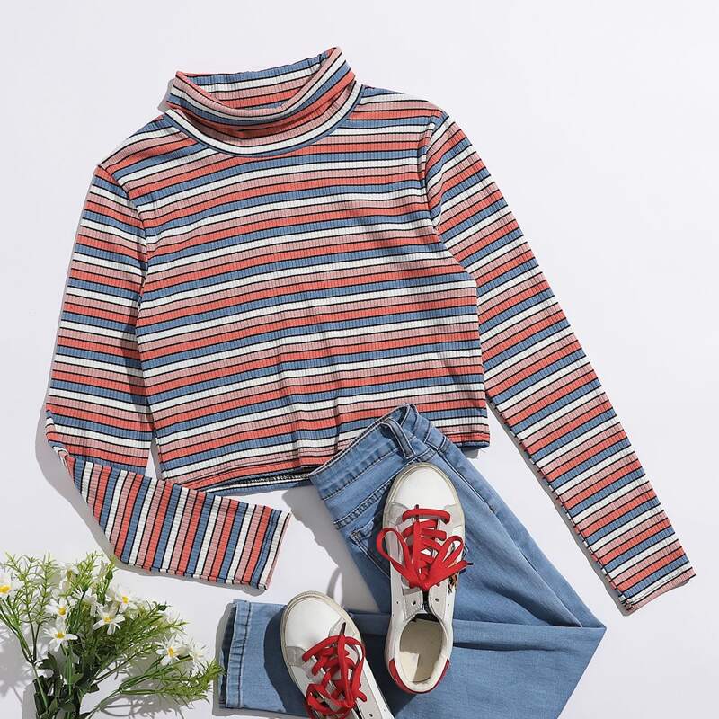 

Colorful Striped High Neck Tee, Multicolor