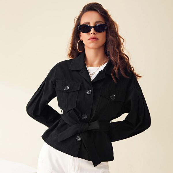 

Collared Pocket Front Self Belted Jacket, Black
