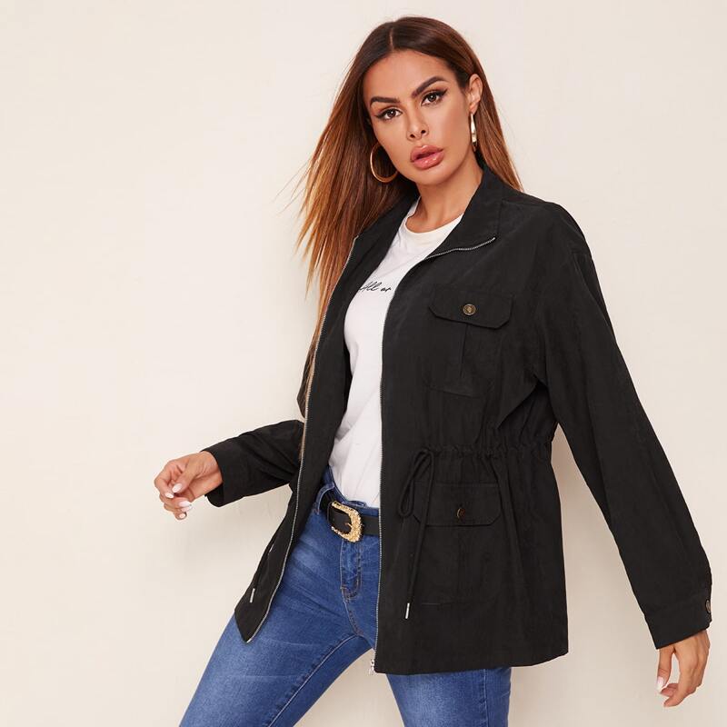 

Zip Up Pocket Patched Drawstring Waist Coat, Black