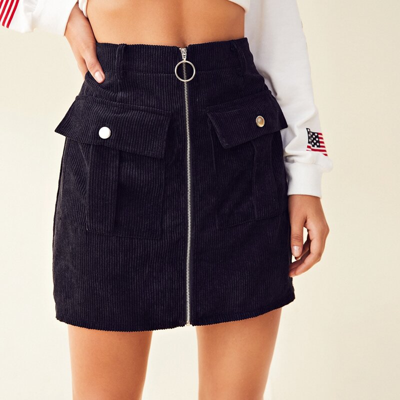 

O-ring Zipper Up Flap Pocket Cord Skirt, Black
