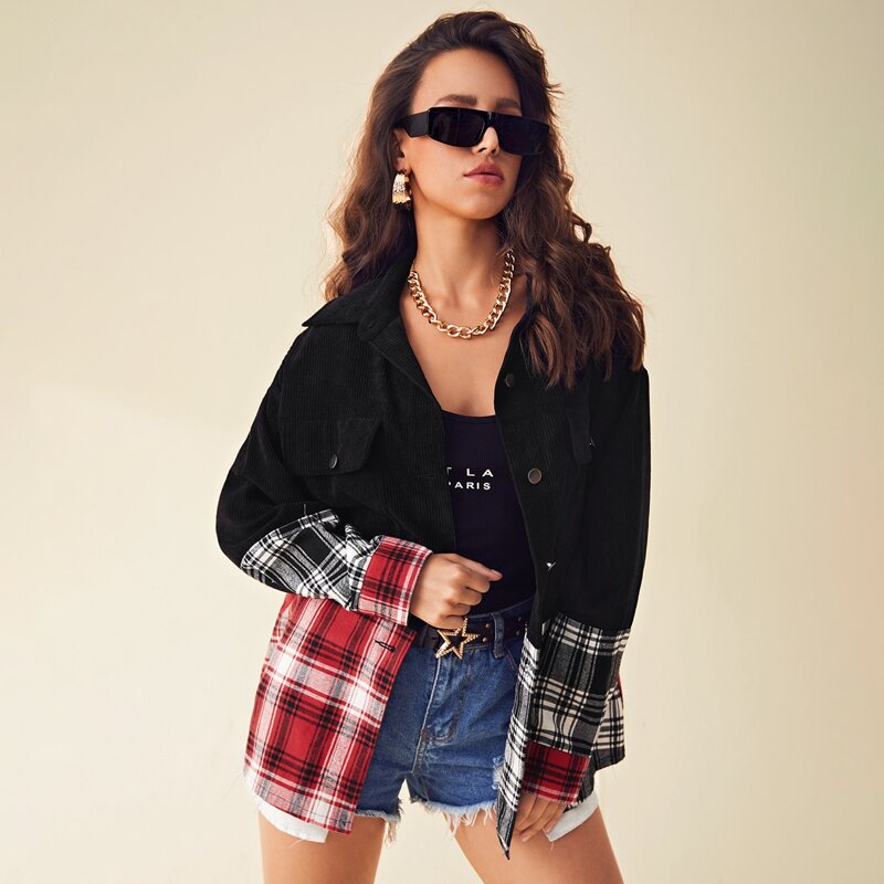 

Single Breasted Colorblock Plaid Cord Coat, Multicolor