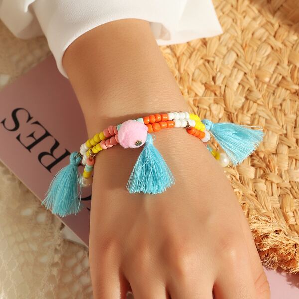 

Tassel Charm Beaded Bracelet, Multicolor