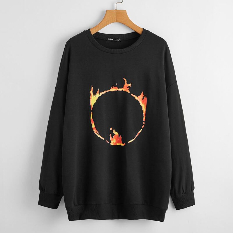 

Drop Shoulder Fire Print Sweatshirt, Black