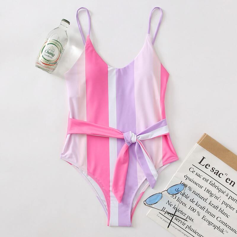 

Color Block Knot Front One Piece Swimsuit, Multicolor