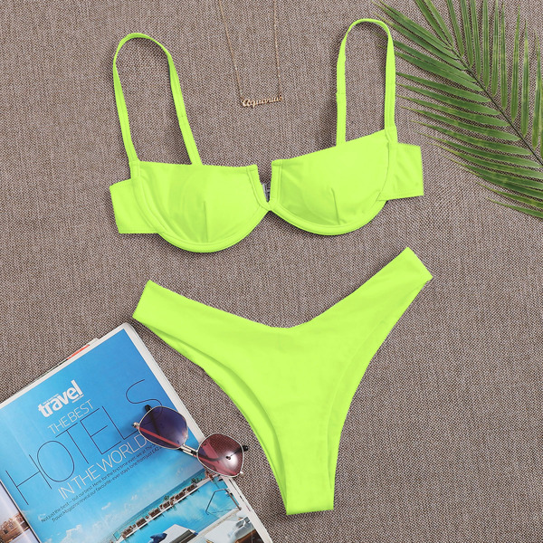 

Neon Lime V Wired Underwire High Cut Bikini Swimsuit, Neon lime green