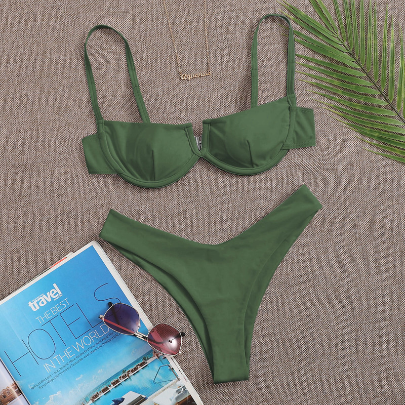 

V Wired Underwire High Cut Bikini Swimsuit, Army green