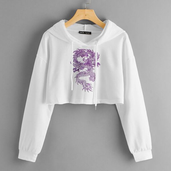 

Chinese Dragon Graphic Drawstring Sports Hoodie, White
