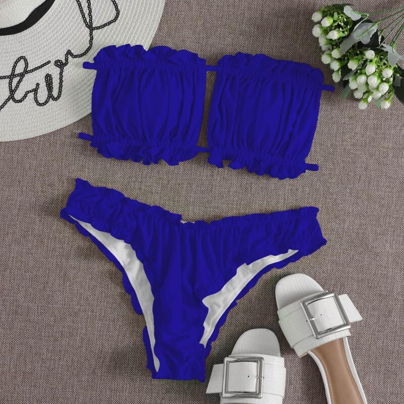 

Ruched Frill Trim Bandeau Bikini Swimsuit, Royal blue