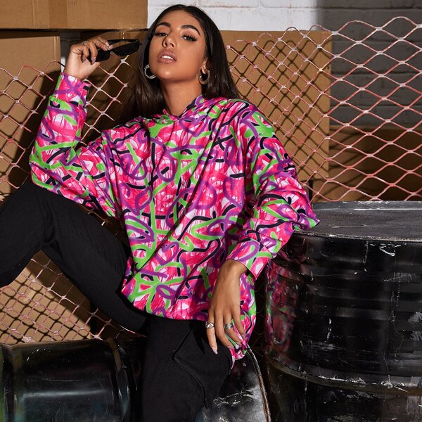

Drop Shoulder Graffiti Hoodie, Multicolor