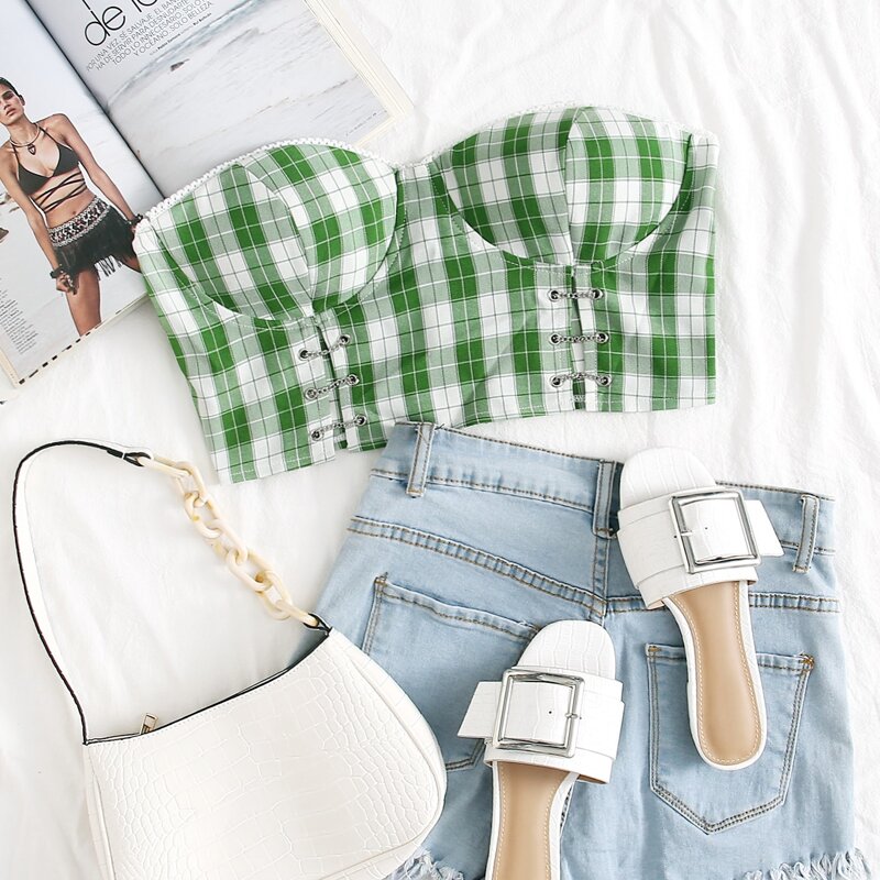 

Chain Detail Plaid Tube Top, Multicolor